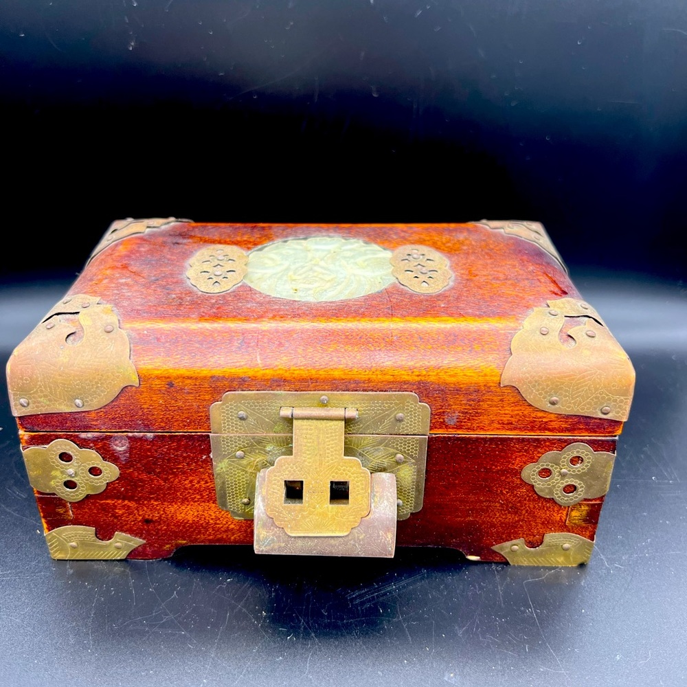 1930s Vintage Chinese carved wooden box with Inlaid Jade And Brass Trim And Lock